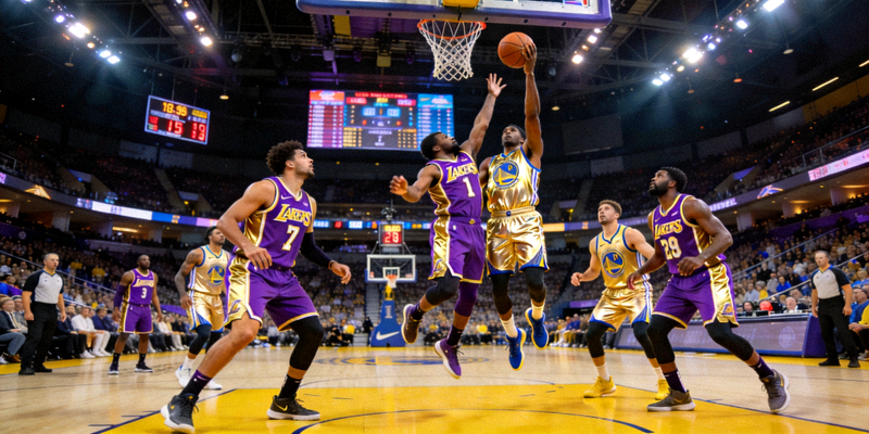 湖人队对阵勇士队的NBA常规赛，室内篮球场上运动员正在进行攻防对决